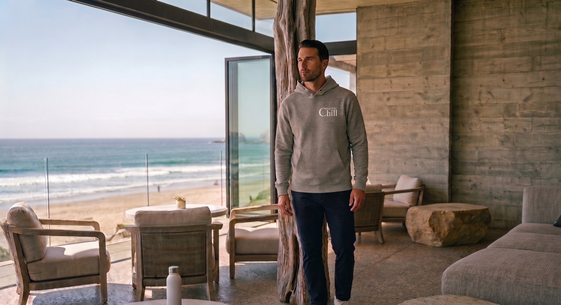 The Coast Hoodie, worn at a beach house above the Pacific