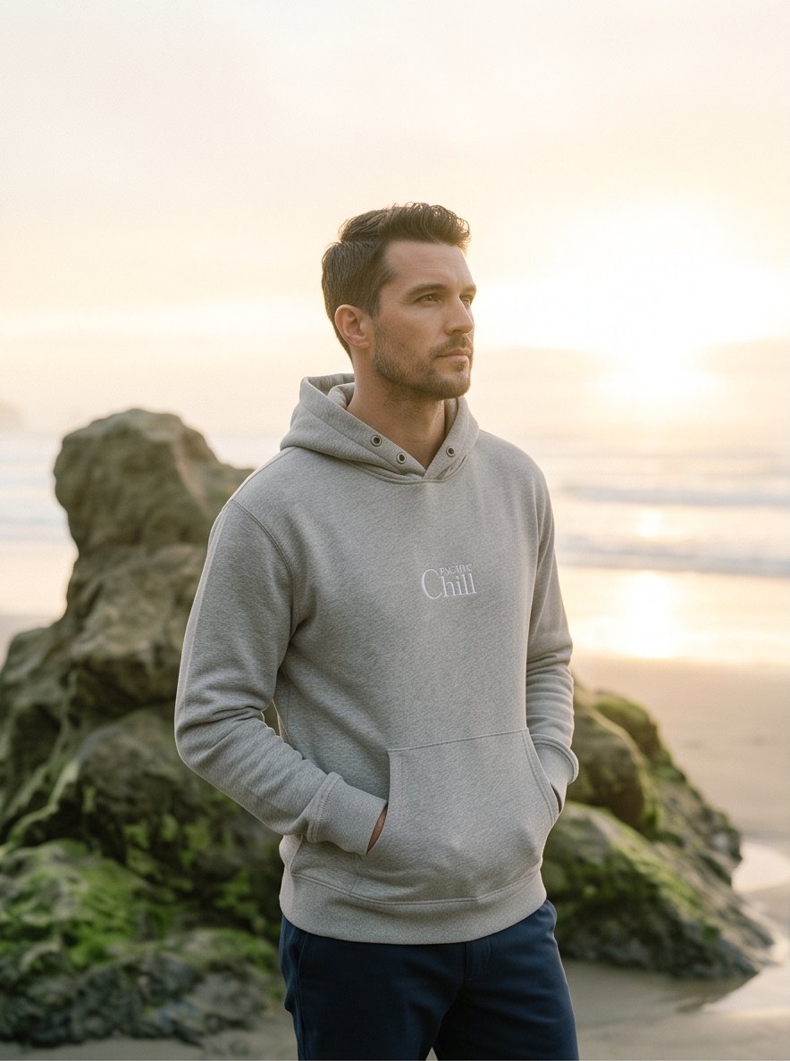 The Coast Hoodie at golden hour