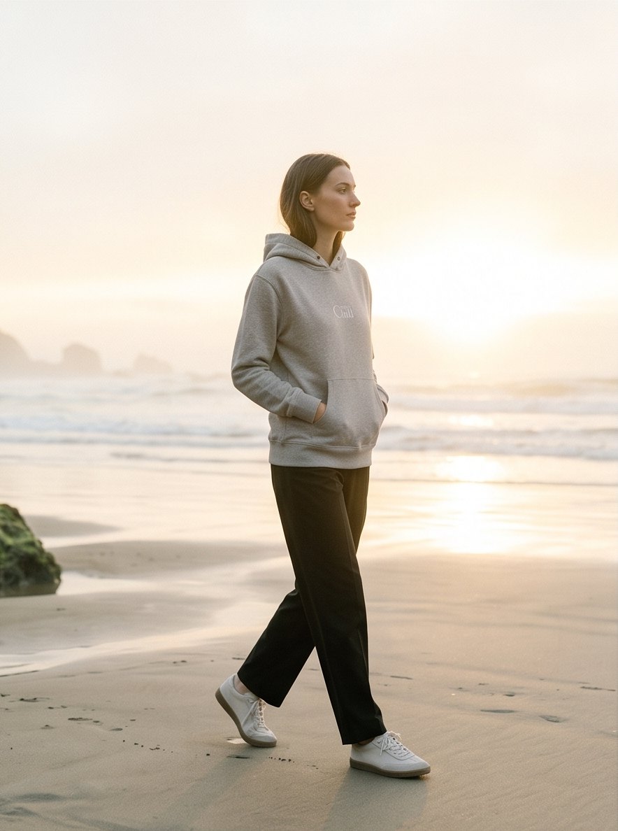 The Coast Hoodie along the shoreline