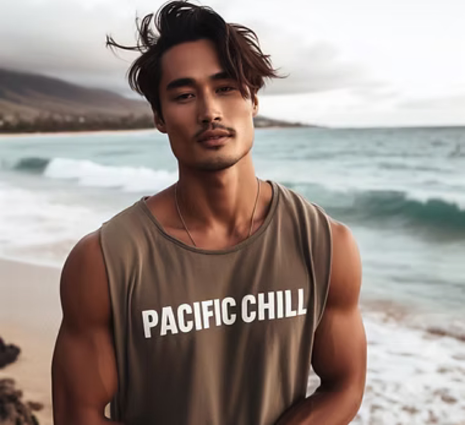 Wearing the Pacific Chill tee on the beach
